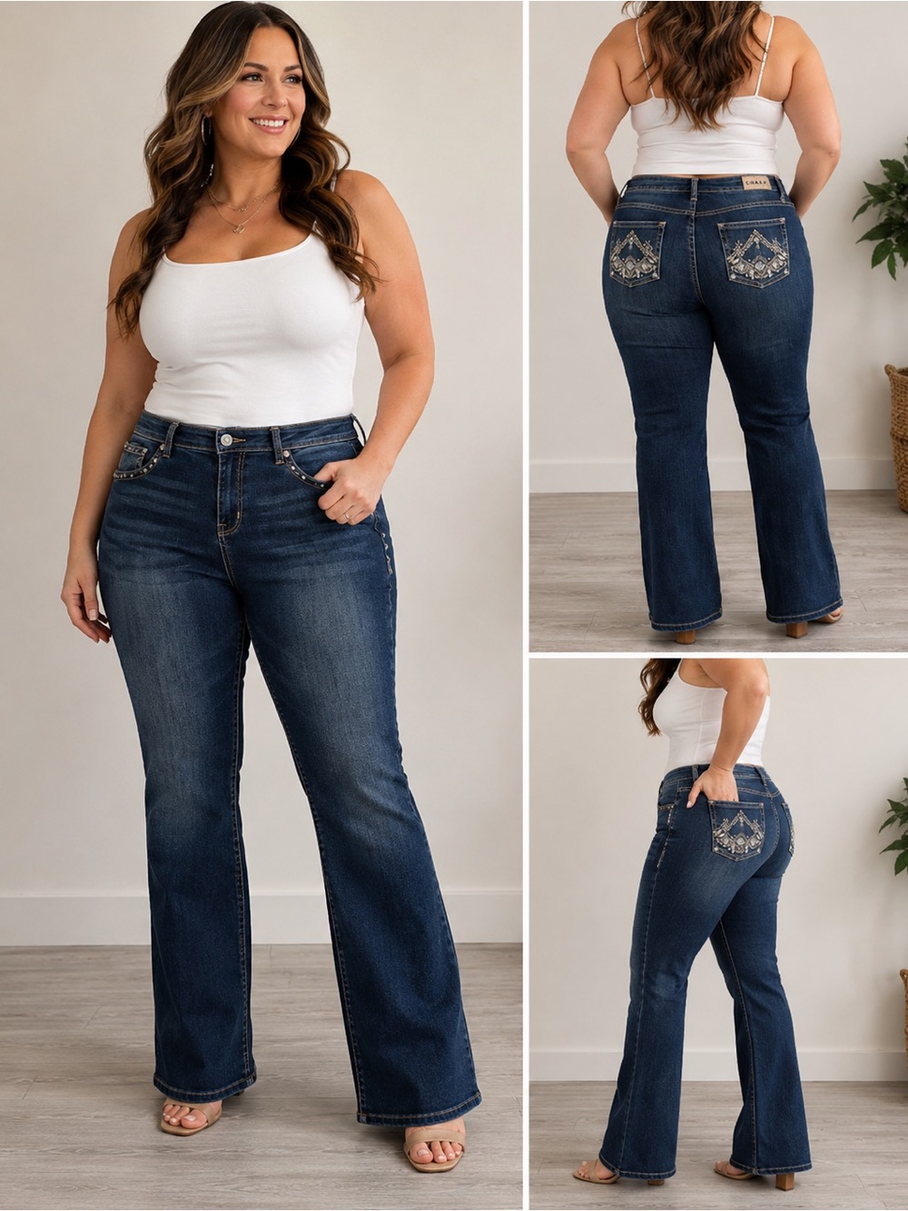Embroidered Back Pocket Dark Blue Flare Jeans